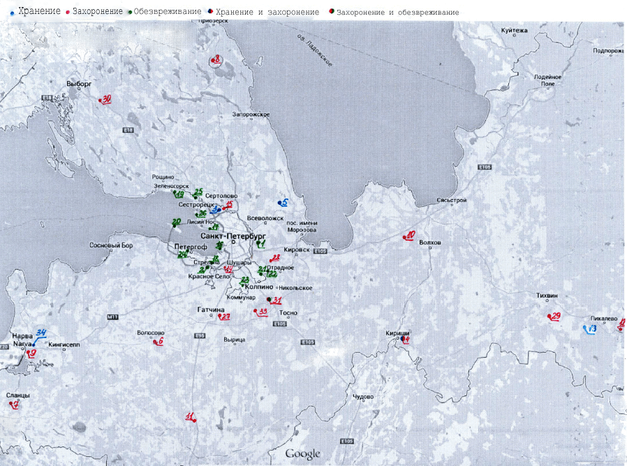 Карта полигонов Санкт-Петербурга и Ленинградской области, объектов размещения и обезвреживания отходов Санкт-Петербурга и Ленинградской области